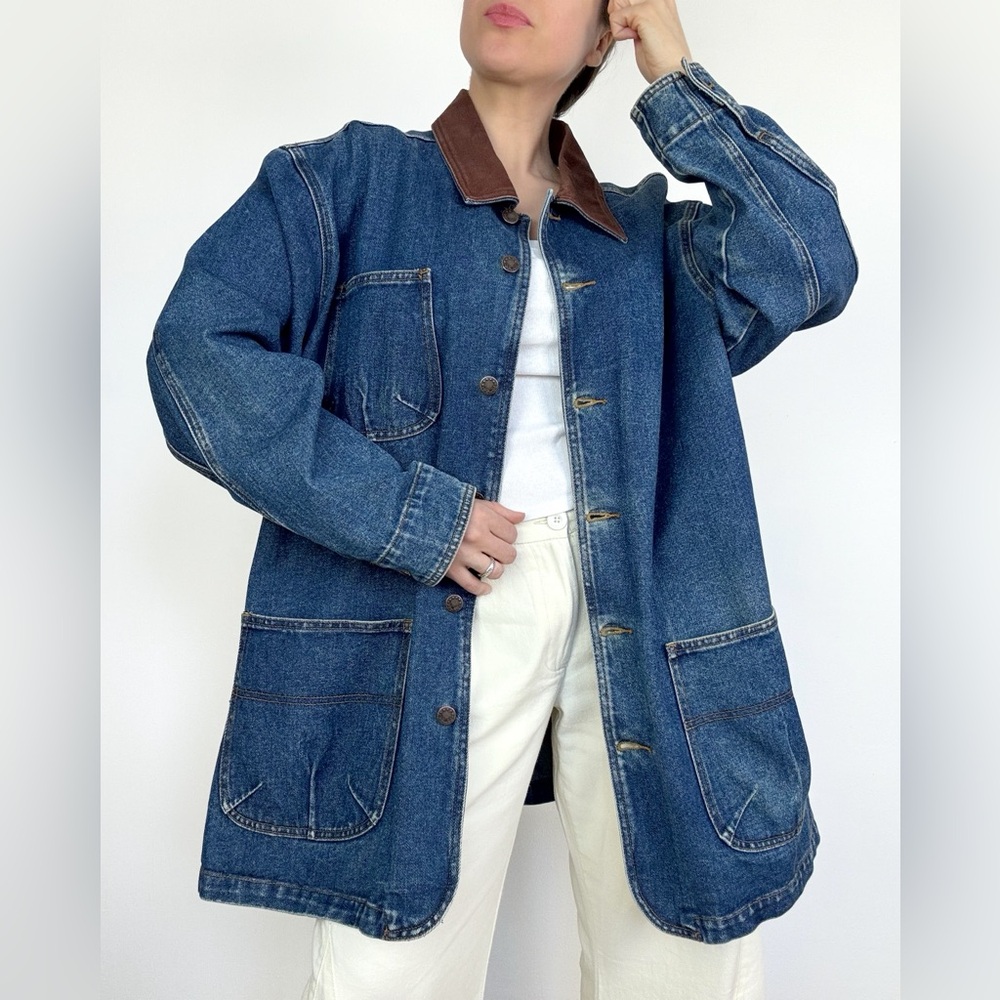 Vintage Denim Chore Coat Barn Jacket with Brown Collar